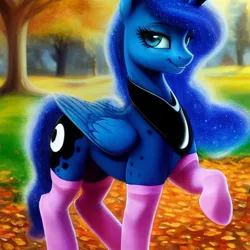 Size: 1024x1024 | Tagged: safe, derpibooru import, editor:dovakkins, machine learning generated, prompter:dovakkins, purplesmart.ai, stable diffusion, princess luna, alicorn, pony, autumn, beautiful, clothes, cute, female, hooves, image, jewelry, kitchen, mare, peytral, png, raised hoof, smiling, socks, solo, stockings, thigh highs