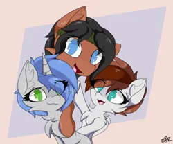 Size: 2400x2000 | Tagged: safe, artist:starmaster, derpibooru import, oc, oc:becca, oc:hiki, oc:snake, earth pony, pegasus, pony, unicorn, hooves, image, looking at you, no pupils, png, ponied up, smiling, trio