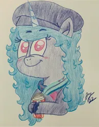 Size: 2955x3811 | Tagged: safe, derpibooru import, izzy moonbow, pony, unicorn, spoiler:g5, spoiler:winter wishday, beret, blushing, chocolate, clothes, colored, colored pencil drawing, colored pencils, female, food, g5, hat, hot chocolate, image, jpeg, looking at you, scarf, smiling, smiling at you, solo, starbucks, traditional art, warm wishiehoof, winter, winter outfit, winter wishday
