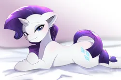 Size: 4590x3039 | Tagged: safe, artist:lorethelostking, derpibooru import, rarity, pony, unicorn, bed, cutie mark, female, image, jpeg, looking at you, lying down, smiling, smiling at you, solo