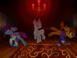 Size: 8000x6000 | Tagged: semi-grimdark, artist:skylarpalette, derpibooru import, oc, oc:cloud gazer, oc:twitchyylive, unofficial characters only, earth pony, ghost, ghost pony, pegasus, pony, undead, chandelier, chest fluff, clothes, curtains, cute, dark, earth pony oc, fluffy, hoodie, image, jacket, male, pegasus oc, png, red light, rug, running, scared, spirit, stallion, table, trio, tripping, wings, wood, wooden floor