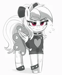 Size: 1365x1646 | Tagged: safe, artist:pabbley, derpibooru import, rainbow dash, pegasus, pony, blushing, bow, choker, clothes, emanata, female, grayscale, grumpy, hair bow, image, jpeg, mare, monochrome, partial color, rainbow dash always dresses in style, simple background, skirt, solo, sweat, wavy mouth, white background