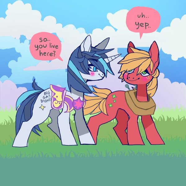 Size: 851x851 | Tagged: safe, artist:batthsalts, derpibooru import, big macintosh, shining armor, earth pony, pony, unicorn, alternate cutie mark, blushing, dialogue, duo, gay, image, infidelity, jpeg, male, shiningmac, shipping, smiling