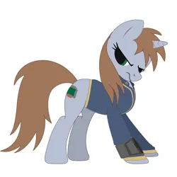 Size: 2000x2000 | Tagged: safe, artist:dddromm, derpibooru import, oc, oc:littlepip, unofficial characters only, pony, unicorn, fallout equestria, clothes, female, image, jumpsuit, mare, pipbuck, png, simple background, solo, unamused, vault suit, white background