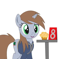 Size: 2000x2000 | Tagged: safe, artist:dddromm, derpibooru import, oc, oc:littlepip, unofficial characters only, pony, unicorn, fallout equestria, clothes, female, food, image, jumpsuit, looking at you, mare, muffin, png, simple background, smiling, smiling at you, solo, vault suit, white background