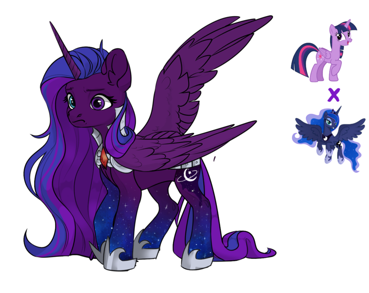 Size: 1412x1122 | Tagged: safe, artist:crumbelinadicarmello, derpibooru import, princess luna, twilight sparkle, oc, alicorn, pony, adoptable, armor, clothes, galaxy, heterochromia, image, magical lesbian spawn, next generation, offspring, parent:princess luna, parent:twilight sparkle, parents:twiluna, png, pony maker, shoes