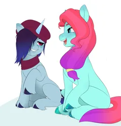Size: 2121x2219 | Tagged: safe, artist:aztrial, derpibooru import, earth pony, pony, unicorn, beret, blushing, clothes, cute, duo, female, g5, grin, hair over one eye, hat, image, jazz (g5), jazzbetes, looking at each other, looking at someone, mare, onyx, onyxhooves, open mouth, png, raised hoof, scarf, simple background, sitting, smiling, unshorn fetlocks, white background