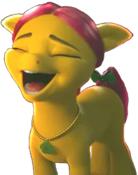 Size: 525x666 | Tagged: safe, derpibooru import, posey, earth pony, pony, 3d, amused, eyes closed, female, g5, happy, image, mare, open mouth, png, posey is amused, simple background, smiling, solo, standing, transparent background, when she smiles, yellow skin
