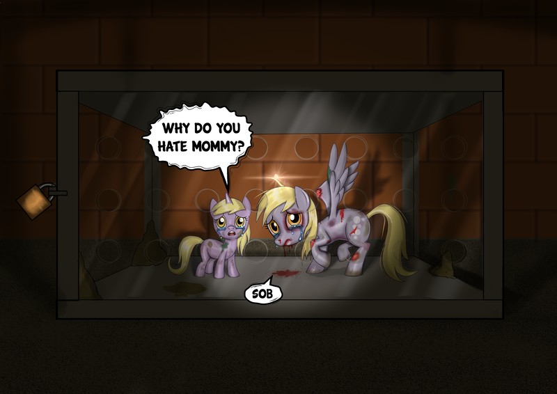 Size: 4092x2893 | Tagged: semi-grimdark, artist:dinosaurcol, derpibooru import, derpy hooves, dinky hooves, pegasus, pony, unicorn, abuse, beaten up, black eye, blood, blood stains, bruised, cage, captive, crying, derpibooru exclusive, derpybuse, dirty, fear, female, filly, foal, image, injured, looking at you, mare, nosebleed, pain, png, prisoner, sad, speech bubble, spread wings, tears of pain, wings