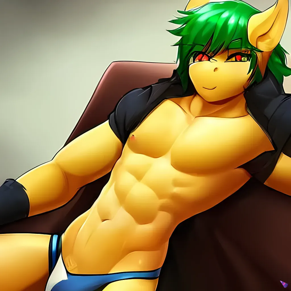 Size: 1024x1024 | Tagged: suggestive, derpibooru import, machine learning generated, purplesmart.ai, stable diffusion, oc, oc:galder rust, anthro, pegasus, clothes, image, male, partial nudity, png, sitting, solo, solo male, topless