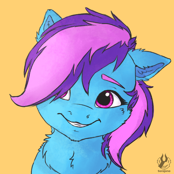 Size: 1000x1000 | Tagged: safe, artist:sorajona, derpibooru import, oc, oc:nohra, pony, my little pony: a new generation, blue fur, bust, chest fluff, cute, g5, image, png, portrait, small ears, smiling, solo