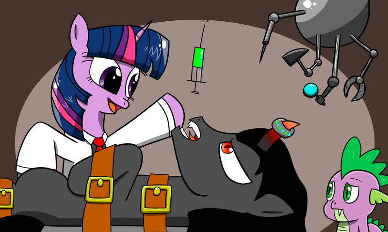 Size: 1280x767 | Tagged: safe, artist:twi clown, derpibooru import, king sombra, spike, twilight sparkle, dragon, pony, unicorn, the crystal empire, alternate ending, clothes, female, image, jpeg, lab coat, machine, male, mare, restrained, stallion, story included, suggestive description, syringe, the crystal empire 10th anniversary, unicorn twilight