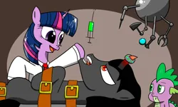 Size: 1280x767 | Tagged: safe, artist:twi clown, derpibooru import, king sombra, spike, twilight sparkle, dragon, pony, unicorn, the crystal empire, alternate ending, clothes, female, image, jpeg, lab coat, machine, male, mare, restrained, stallion, story included, suggestive description, syringe, the crystal empire 10th anniversary, unicorn twilight