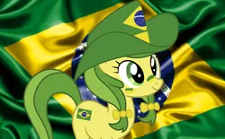 Size: 700x435 | Tagged: safe, derpibooru import, edit, vector edit, apple fritter, earth pony, pony, apple family member, bow, brazil, cowboy hat, flag, football, hat, image, jpeg, smiling, solo, sports, vector, world cup