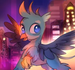 Size: 1080x1000 | Tagged: safe, artist:woolen cloe, derpibooru import, gallus, gryphon, city, glowstick, happy, image, male, night, png