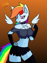 Size: 946x1280 | Tagged: safe, artist:samuel-neocros, derpibooru import, rainbow dash, anthro, pegasus, belly button, choker, clothes, collar, cosplay, costume, cute, female, floating wings, helluva boss, image, jpeg, loona (helluva boss), midriff, solo, spiked choker, wings