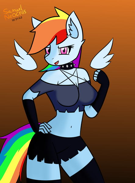 Size: 1013x1371 | Tagged: safe, artist:samuel-neocros, derpibooru import, rainbow dash, anthro, pegasus, belly button, choker, clothes, collar, cosplay, costume, cute, female, floating wings, gradient background, helluva boss, image, loona (helluva boss), midriff, png, solo, spiked choker, wings