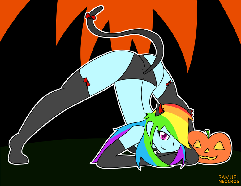 Size: 901x694 | Tagged: suggestive, artist:samuel-neocros, derpibooru import, rainbow dash, human, equestria girls, cat ears, cat tail, clothes, costume, evening gloves, face down ass up, fake ears, fake tail, female, gloves, halloween, holiday, humanized, image, jack-o-lantern, jacko challenge, long gloves, meme, png, pony coloring, pumpkin, skimpy outfit, socks, solo, stockings, tail, thigh highs