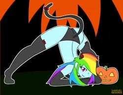Size: 901x694 | Tagged: suggestive, artist:samuel-neocros, derpibooru import, rainbow dash, human, equestria girls, cat ears, cat tail, clothes, costume, evening gloves, face down ass up, fake ears, fake tail, female, gloves, halloween, holiday, humanized, image, jack-o challenge, jack-o-lantern, long gloves, meme, png, pony coloring, pumpkin, skimpy outfit, socks, solo, stockings, tail, thigh highs