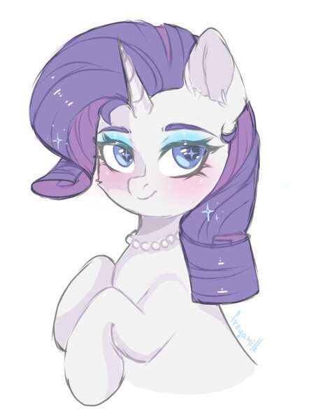 Size: 1024x1331 | Tagged: safe, artist:freyamilk, derpibooru import, rarity, pony, unicorn, blushing, female, image, jewelry, jpeg, looking at you, mare, necklace, pearl necklace, simple background, smiling, smiling at you, solo, white background