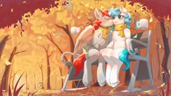 Size: 1920x1080 | Tagged: safe, artist:peachmayflower, derpibooru import, oc, unofficial characters only, pegasus, pony, unicorn, bench, blushing, clothes, duo, forest, glasses, image, jpeg, leaves, scarf, tree
