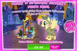 Size: 1960x1292 | Tagged: safe, derpibooru import, official, fluttershy, king sombra, pegasus, pony, unicorn, advertisement, alternate hairstyle, alternate timeline, apocalypse fluttershy, bush, camouflage, clothes, costs real money, crystal war timeline, english, female, flower, flower pot, gameloft, hat, image, jpeg, mare, mud, numbers, sale, solo, solo focus, sombraverse, spread wings, stained glass, stained glass window, text, wings