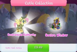 Size: 1270x857 | Tagged: safe, derpibooru import, official, fluttershy, king sombra, pegasus, pony, unicorn, alternate hairstyle, alternate timeline, apocalypse fluttershy, bundle, bush, camouflage, clothes, costs real money, crystal war timeline, english, female, flower, flower pot, gameloft, hat, image, jpeg, mare, mud, numbers, sale, solo, solo focus, sombraverse, spread wings, stained glass, stained glass window, text, wings