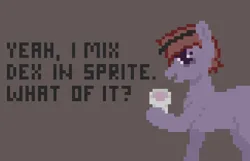 Size: 1292x834 | Tagged: safe, artist:longsword, derpibooru import, oc, unofficial characters only, pony, cup, derpibooru exclusive, dexterous hooves, drug use, drugs, female, image, looking at you, mare, medicine, missing horn, pixel art, png, sprite, text