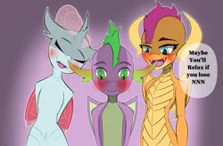 Size: 1833x1200 | Tagged: suggestive, artist:peppertech, derpibooru import, ocellus, smolder, spike, anthro, changeling, dragon, danger, dragoness, female, height difference, image, implied sex, male, no nut november, png, shipping, short, simple background, smiling, straight, teasing