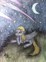 Size: 1280x1714 | Tagged: safe, artist:jejejoja, derpibooru import, derpy hooves, pegasus, pony, crescent moon, image, jpeg, lying down, moon, night, solo, stars, traditional art