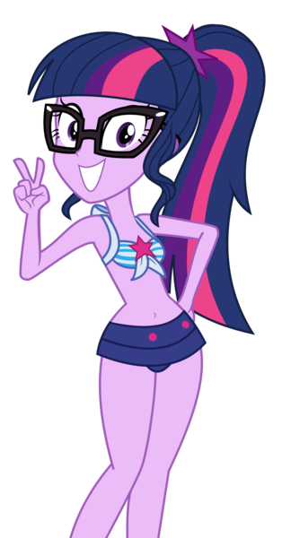 Size: 3111x5768 | Tagged: safe, artist:keronianniroro, derpibooru import, edit, edited screencap, screencap, vector edit, sci-twi, twilight sparkle, human, equestria girls, equestria girls series, forgotten friendship, adorasexy, adorkable, bare shoulders, belly button, bikini, clothes, cute, dork, female, front knot midriff, glasses, grin, image, looking at you, midriff, peace sign, png, ponytail, sci-twi swimsuit, sexy, simple background, sleeveless, smiling, solo, swimsuit, transparent background, twiabetes, vector