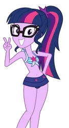Size: 3111x5768 | Tagged: safe, artist:keronianniroro, derpibooru import, edit, edited screencap, screencap, vector edit, sci-twi, twilight sparkle, human, equestria girls, equestria girls series, forgotten friendship, adorasexy, adorkable, bare shoulders, belly button, bikini, clothes, cute, dork, female, front knot midriff, glasses, grin, image, looking at you, midriff, peace sign, png, ponytail, sci-twi swimsuit, sexy, simple background, sleeveless, smiling, solo, swimsuit, transparent background, twiabetes, vector