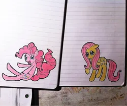 Size: 1024x860 | Tagged: safe, artist:jejejoja, derpibooru import, fluttershy, pinkie pie, earth pony, pegasus, pony, 2012, duo, image, lined paper, notebook, old art, open mouth, open smile, png, raised hoof, smiling