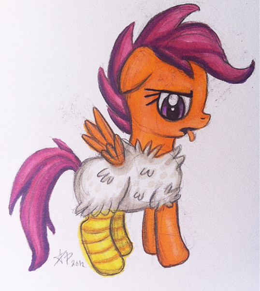 Size: 919x1024 | Tagged: safe, artist:jejejoja, derpibooru import, scootaloo, pegasus, pony, 2012, animal costume, chicken suit, clothes, costume, image, old art, png, scootachicken, scootaloo is not amused, solo, tongue out, traditional art, unamused