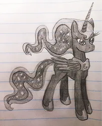 Size: 831x1024 | Tagged: safe, artist:jejejoja, derpibooru import, princess luna, alicorn, pony, 2012, grayscale, image, lined paper, monochrome, old art, png, solo