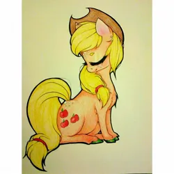 Size: 1224x1224 | Tagged: safe, artist:cozygh0st, artist:loftycastles, derpibooru import, applejack, earth pony, pony, eyes closed, image, jpeg, solo, traditional art, turned head