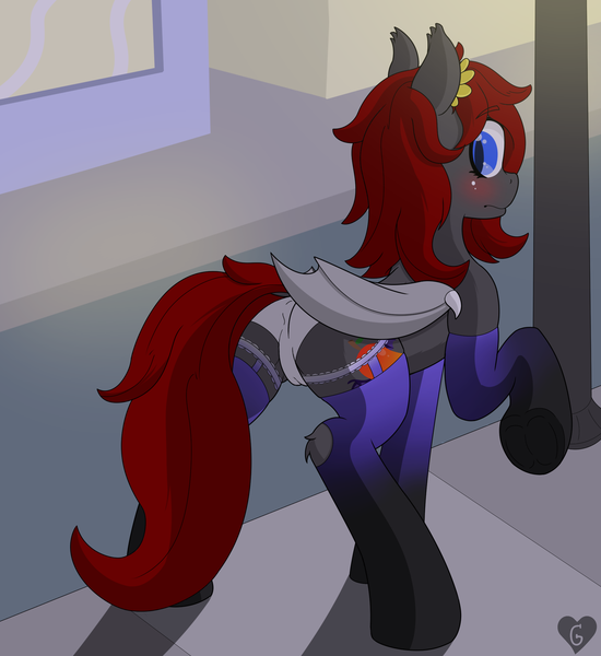 Size: 2082x2272 | Tagged: questionable, artist:gnashie, derpibooru import, oc, oc:mango dusk, unofficial characters only, bat pony, bat pony oc, bat wings, blushing, building, clothes, dock, flower, flower in hair, garters, image, looking back, panties, png, raised hoof, sidewalk, socks, street, streetlight, surprised, tail, underhoof, underwear, wings