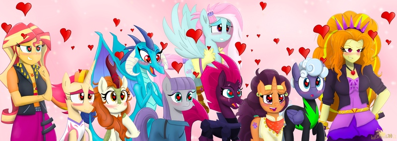 Size: 7108x2525 | Tagged: safe, artist:lordshrekzilla20, derpibooru import, adagio dazzle, autumn blaze, fire flare, kerfuffle, maud pie, princess ember, rolling thunder, saffron masala, sunset shimmer, tempest shadow, earth pony, pegasus, pony, siren, unicorn, equestria girls, blushing, breasts, cleavage, female, gem, geode of empathy, heart, heart eyes, image, jewelry, jpeg, lip bite, magical geodes, mare, necklace, open mouth, siren gem, smiling, wingding eyes