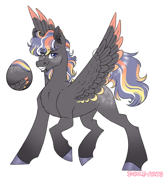 Size: 2000x2160 | Tagged: safe, artist:dozyarts, derpibooru import, oc, unnamed oc, unofficial characters only, pegasus, pony, colored wings, colored wingtips, egg, eye clipping through hair, eyebrows, eyebrows visible through hair, grin, high res, image, looking at you, male, pegasus oc, png, simple background, smiling, smiling at you, solo, spread wings, stallion, white background, wings