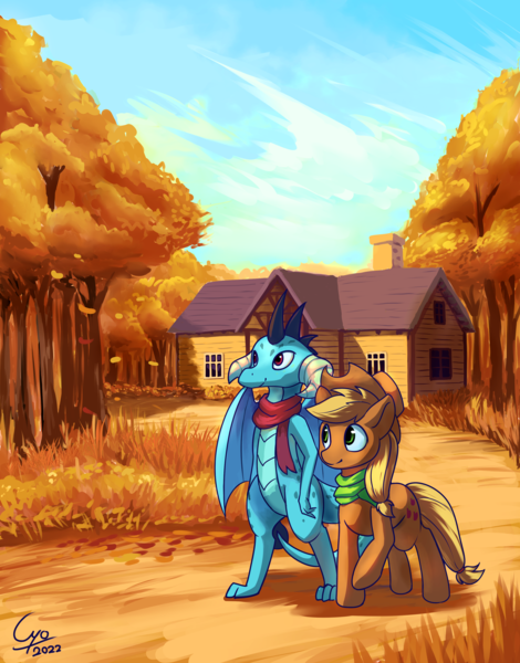 Size: 2800x3577 | Tagged: safe, artist:cyonixcymatro, derpibooru import, applejack, princess ember, dragon, earth pony, pony, fanfic, crack shipping, emberjack, fanfic art, fanfic cover, image, png, shipping
