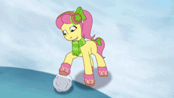 Size: 1280x720 | Tagged: safe, derpibooru import, screencap, posey (g5), zipp storm, earth pony, pegasus, pony, my little pony: tell your tale, spoiler:tyts01e37, absurd file size, absurd gif size, animated, clothes, duo, duo female, female, g5, gif, gulp, image, mare, running away, scarf, snow, snow pun intended, snowball, tree