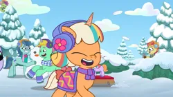 Size: 3072x1727 | Tagged: safe, derpibooru import, screencap, posey (g5), earth pony, pony, unicorn, my little pony: tell your tale, spoiler:g5, spoiler:my little pony: tell your tale, spoiler:tyts01e37, eyes closed, female, filly, foal, g5, grin, image, jpeg, male, mare, offscreen character, open mouth, open smile, peach fizz, seashell (g5), smiling, snow, snow pun intended, snowball, snowball fight, snowman, stallion, youtube link