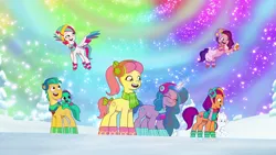 Size: 1920x1080 | Tagged: safe, derpibooru import, screencap, hitch trailblazer, izzy moonbow, pipp petals, posey (g5), sparky sparkeroni, zipp storm, dragon, earth pony, pegasus, pony, unicorn, my little pony: tell your tale, spoiler:g5, spoiler:my little pony: tell your tale, spoiler:tyts01e37, bow, clothes, concentrating, earmuffs, eyes closed, female, g5, glow, glowing horn, happy, horn, image, leg warmers, magic, mare, mobile phone, phone, png, rainbow, scarf, smartphone, snow, snow pun intended, snowpony, solo, telekinesis, tree, youtube link
