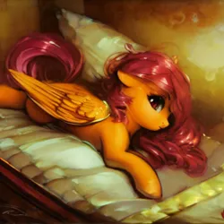 Size: 1024x1024 | Tagged: safe, derpibooru import, machine learning generated, stable diffusion, scootaloo, pegasus, pony, bed, bedroom, image, jpeg, pillow, solo, upscaled