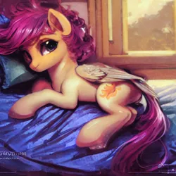 Size: 1024x1024 | Tagged: safe, derpibooru import, machine learning generated, stable diffusion, scootaloo, pegasus, pony, alternate cutie mark, bed, bedroom, image, jpeg, lying down, pillow, solo, upscaled, window