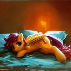Size: 1024x1024 | Tagged: safe, derpibooru import, machine learning generated, stable diffusion, scootaloo, pegasus, pony, alternate cutie mark, bed, image, jpeg, lying down, pillow, solo, upscaled, waifu2x