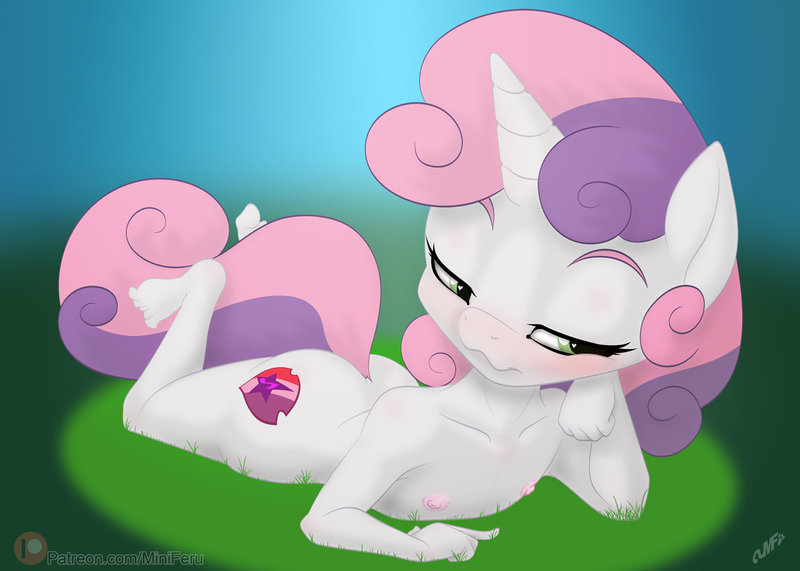 Size: 1200x857 | Tagged: questionable, artist:miniferu, banned from derpibooru, ponybooru import, sweetie belle, anthro, plantigrade anthro, unicorn, blushing, breasts, delicious flat chest, female, grass, hand on cheek, image, jpeg, laying on stomach, lolicon, nipples, nudity, on ground, outdoors, small breasts, solo, solo female, underage