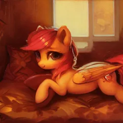 Size: 1024x1024 | Tagged: safe, derpibooru import, machine learning generated, stable diffusion, scootaloo, pegasus, pony, alternate cutie mark, bed, bedroom, image, jpeg, lying down, solo, upscaled, waifu2x, window