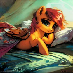Size: 1024x1024 | Tagged: safe, derpibooru import, machine learning generated, stable diffusion, scootaloo, pegasus, pony, bed, bedroom, image, jpeg, lying down, pillow, solo, upscaled, waifu2x