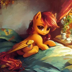 Size: 1024x1024 | Tagged: safe, derpibooru import, machine learning generated, stable diffusion, scootaloo, pegasus, pony, alternate cutie mark, anatomically incorrect, bed, bedroom, flower, image, jpeg, laying on bed, looking at you, lying down, on bed, pillow, solo, upscaled, waifu2x, window